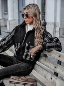 SHEIN EZwear Plaid Zip Up Overcoat - Black and White - View 3