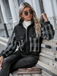 SHEIN EZwear Plaid Zip Up Overcoat - Black and White - View 4
