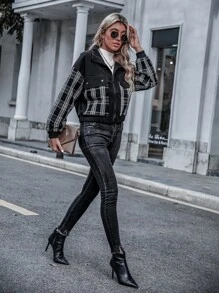 SHEIN EZwear Plaid Zip Up Overcoat - Black and White - View 6