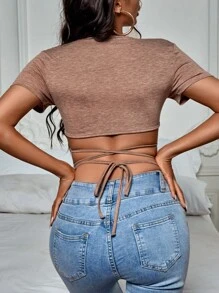 SHEIN SXY 素色交叉後綁帶短款上衣 - 杏色 - 查看 2