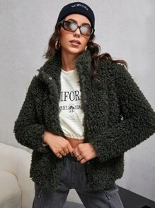 Snap Button Front Teddy Coat - Dark Green - View 1