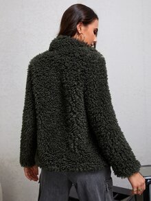 Snap Button Front Teddy Coat - Dark Green - View 2
