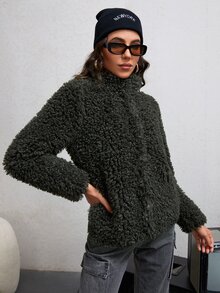 Snap Button Front Teddy Coat - Dark Green - View 5