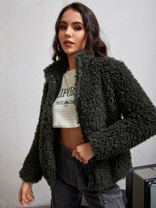 Snap Button Front Teddy Coat - Dark Green - View 6