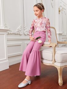 SHEIN X FARAH Quần con gái Thắt lưng Viên lá sen màu trơn Hấp dẫn - Hồng - Xem 1