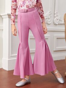 SHEIN X FARAH Quần con gái Thắt lưng Viên lá sen màu trơn Hấp dẫn - Hồng - Xem 3