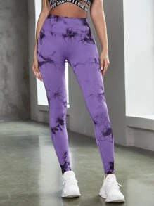 Yoga Trendy Tie Dye Sports Tights Seamless Slight Stretch Bubble Butt Push Up Tummy Control Athletic Leggings - Violet Purple - View 2