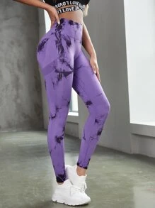 Yoga Trendy Tie Dye Sports Tights Seamless Slight Stretch Bubble Butt Push Up Tummy Control Athletic Leggings - Violet Purple - View 4