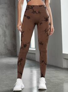 Yoga Trendy Tie Dye Sports Tights Seamless Slight Stretch Bubble Butt Push Up Tummy Control Athletic Leggings - Coffee Brown - View 3