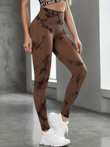 Yoga Trendy Tie Dye Sports Tights Seamless Slight Stretch Bubble Butt Push Up Tummy Control Athletic Leggings - Coffee Brown - View 4