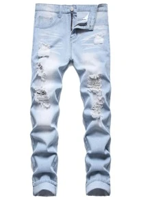 ROMWE MEN קרוע פשוט ג'ינס לגבר - כחול - ראה 1