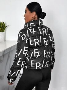 SHEIN SXY Letter Graphic Drawstring Hem Zipper Padded Coat - Black - View 2