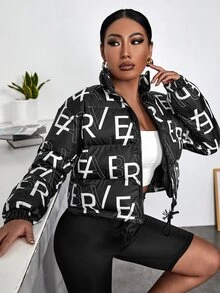 SHEIN SXY Letter Graphic Drawstring Hem Zipper Padded Coat - Black - View 3