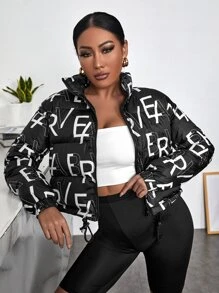 SHEIN SXY Letter Graphic Drawstring Hem Zipper Padded Coat - Black - View 4