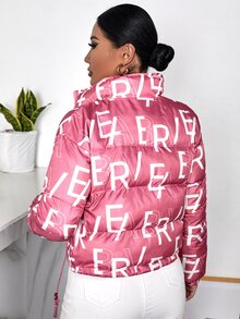 SHEIN SXY 字母图案抽绳下摆拉链夹棉大衣 - 藕粉色 - 查看 2