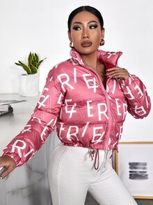 SHEIN SXY 字母图案抽绳下摆拉链夹棉大衣 - 藕粉色 - 查看 3