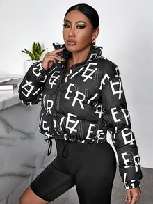 SHEIN SXY Letter Graphic Drawstring Hem Zipper Padded Coat - Black - View 6