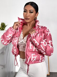 SHEIN SXY 字母图案抽绳下摆拉链夹棉大衣 - 藕粉色 - 查看 6