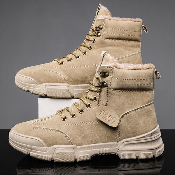 

Men Minimalist Lace-up Front Plush Inside Boots, Khaki