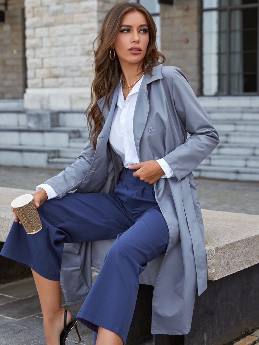 Áo khoác ngoài nữ Thắt lưng Nút phía trước màu trơn Thanh lịch - Màu xanh bụi bặm - Xem 1