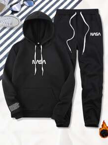 Manfinity Hypemode Men Slogan Graphic Kangaroo Pocket Drawstring Thermal Hoodie & Joggers - Black - View 1