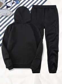 Manfinity Hypemode Men Slogan Graphic Kangaroo Pocket Drawstring Thermal Hoodie & Joggers - Black - View 2