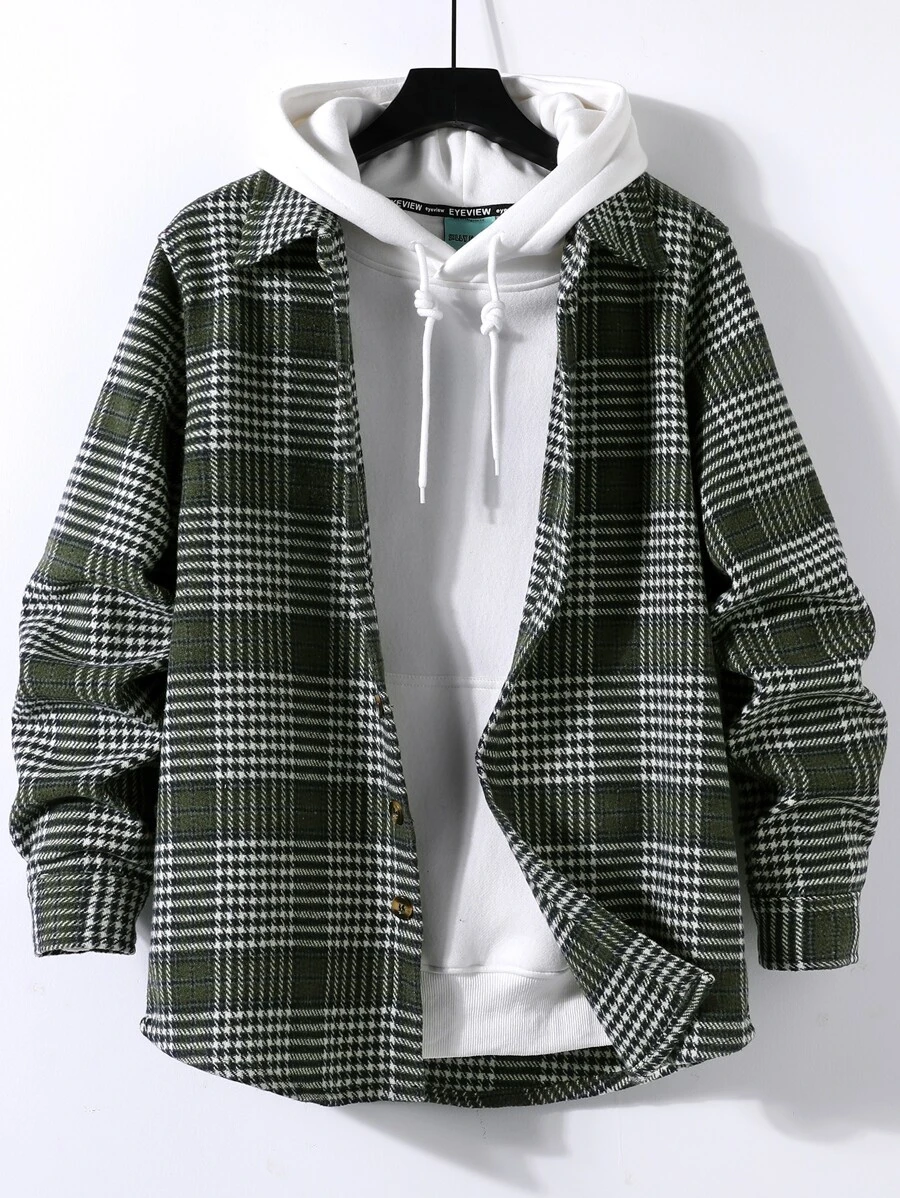 Manfinity Men Houndstooth Pattern Overcoat Without Hoodie - Army Green - View 1