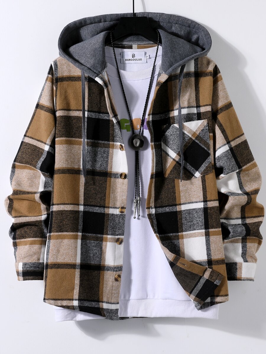 Manfinity Hombres de cuadros con bolsillo delantero con cordón con capucha Abrigo sin Pullover - Multicolor - Ver 1