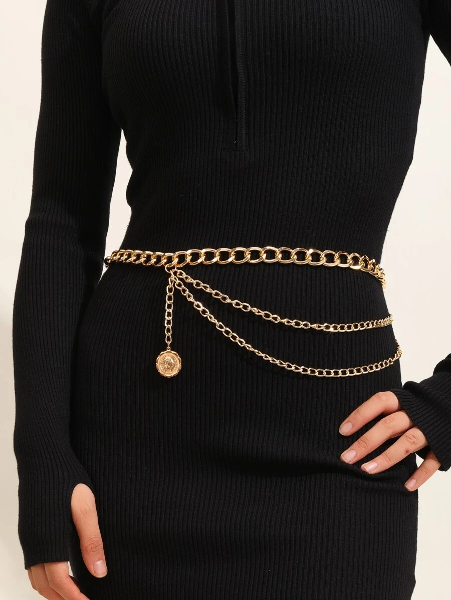 Round Charm Chain Belt - Gold - View 1