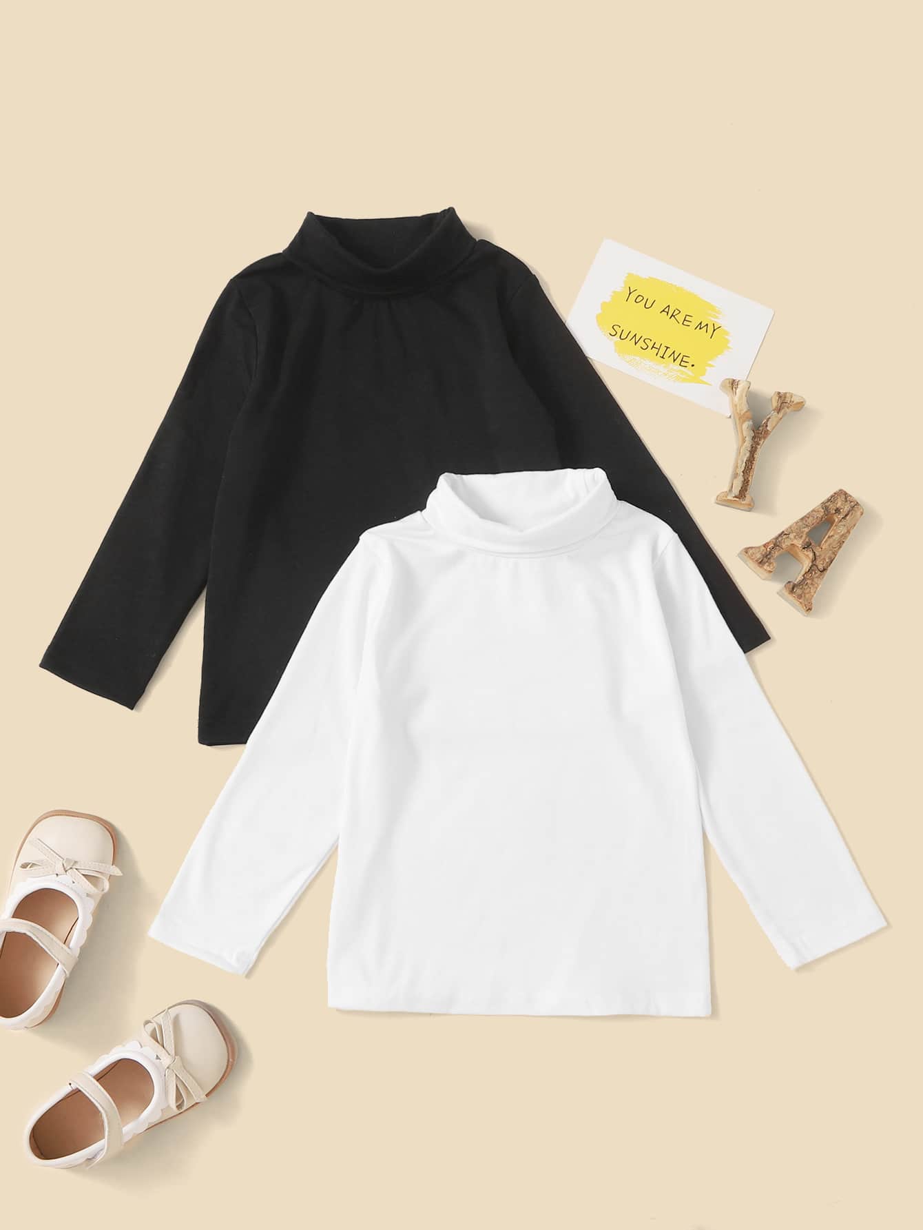 SHEIN Young Boy 2pcs Solid High Neck Tee - Black and White - View 1