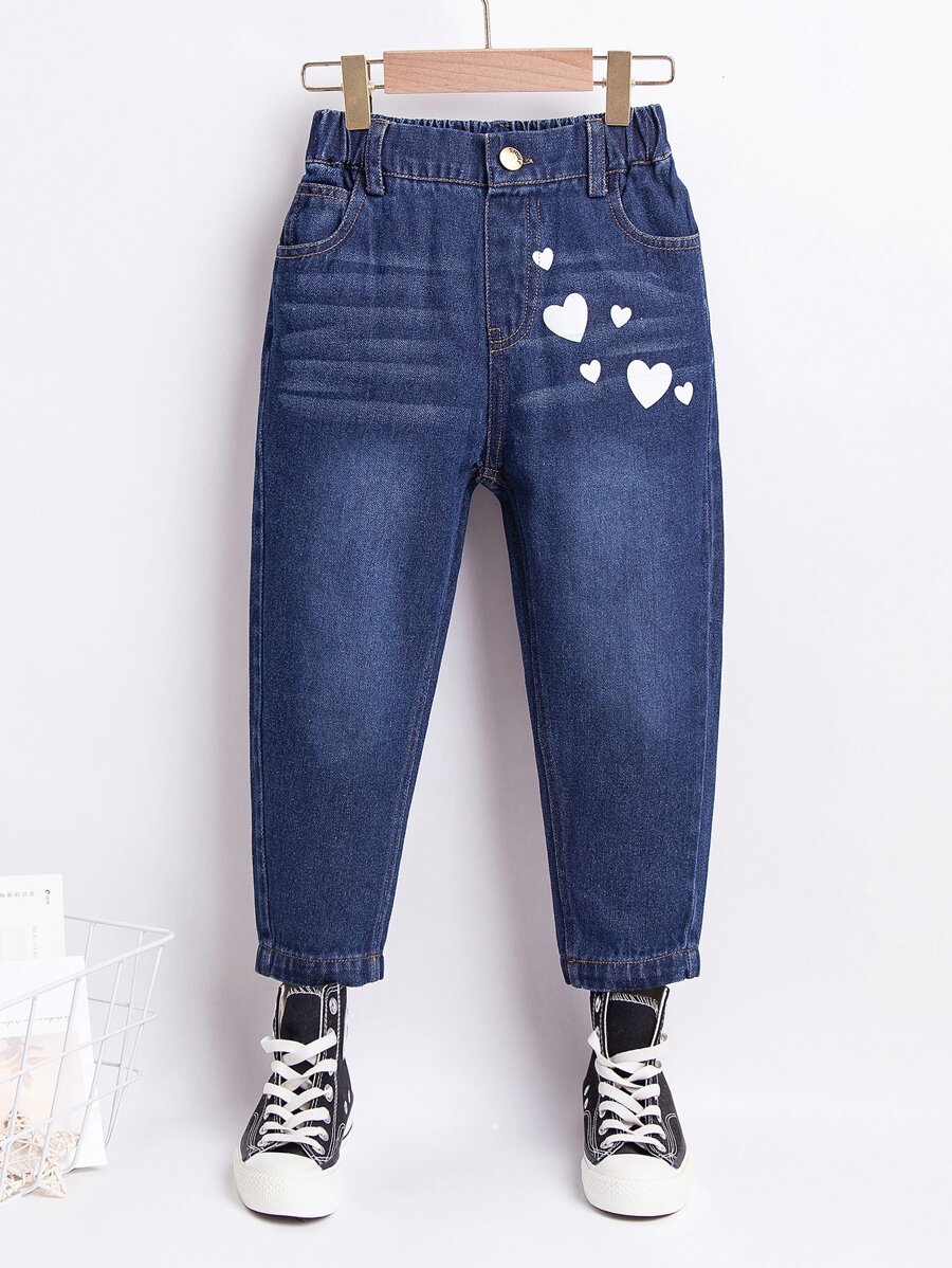 小女童愛心圖案漂白水洗牛仔褲 - 深色水洗藍 - 查看 1