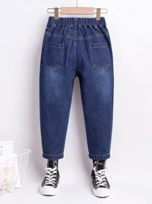 小女童愛心圖案漂白水洗牛仔褲 - 深色水洗藍 - 查看 2