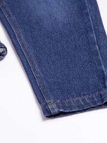 小女童愛心圖案漂白水洗牛仔褲 - 深色水洗藍 - 查看 3