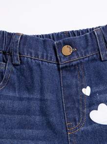 小女童愛心圖案漂白水洗牛仔褲 - 深色水洗藍 - 查看 4