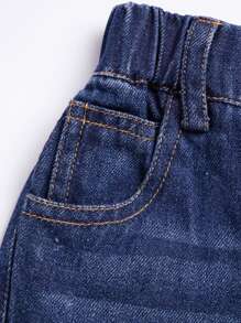 小女童愛心圖案漂白水洗牛仔褲 - 深色水洗藍 - 查看 5