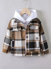 SHEIN 小男孩格紋紐帶翻蓋細部大衣（不含帽衫） - 彩色 - 查看 1