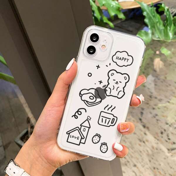 

Cartoon Graphic Clear Phone Case, Black and white