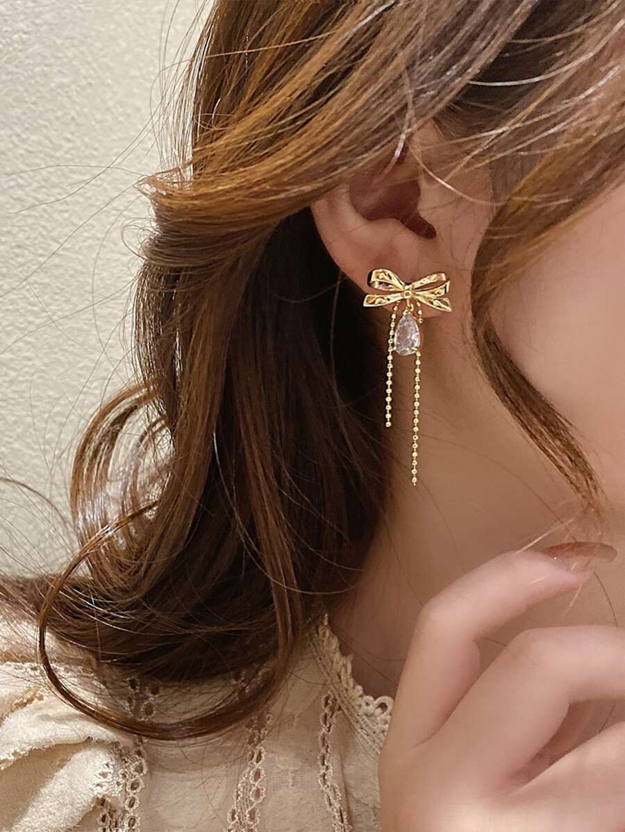 蝴蝶結耳墜 - 金黃色 - 查看 1