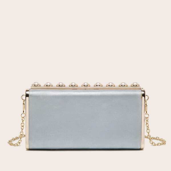 

Metallic Faux Pearls Decor Box Bag, Silver