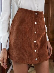 SHEIN Button Fly Straight Hem Corduroy Skirt - Brown - View 1