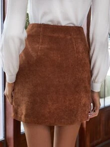 SHEIN Button Fly Straight Hem Corduroy Skirt - Brown - View 2