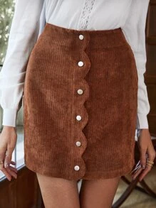 SHEIN Button Fly Straight Hem Corduroy Skirt - Brown - View 5