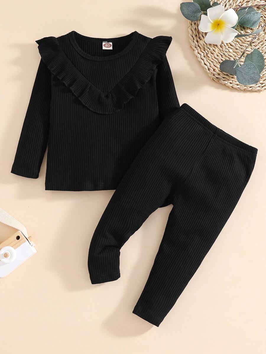Baby Ruffle Trim Solid Tee & Leggings - Black - View 1