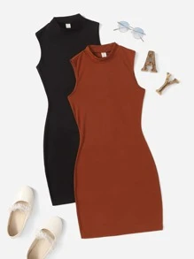SHEIN Teen Girls 2pcs Solid Mock Neck Dress - Multicolor - View 1