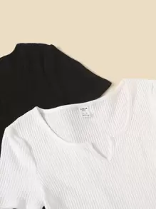 SHEIN Leap Crew Chicas adolescentes 2 piezas Vestido de cuello de muesca tejido de canalé - Blanco y Negro - Ver 3