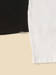 SHEIN Leap Crew Chicas adolescentes 2 piezas Vestido de cuello de muesca tejido de canalé - Blanco y Negro - Ver 4