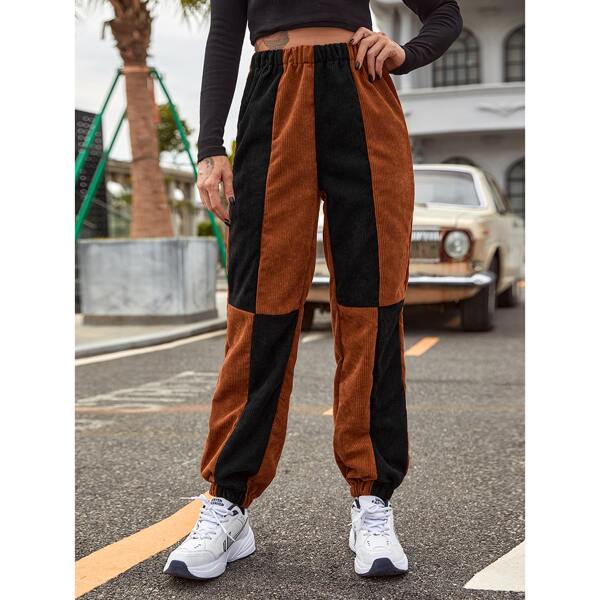

High Waist Color Block Corduroy Joggers, Multicolor
