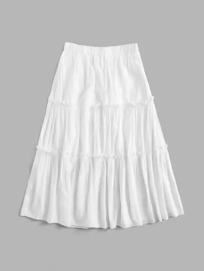 Solid Frill Skirt, School,Ladies Casual Frill Midi Loose High Waist White Viscose Plain Women Skirts,Spring/Summer,Casual Daily Wear