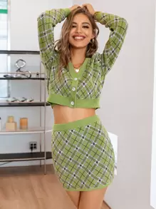 Simplee Argyle Pattern Crop Cardigan - Multicolor - View 1