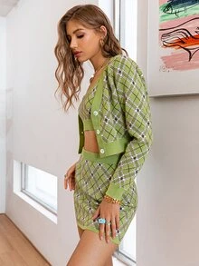 Simplee Argyle Pattern Crop Cardigan - Multicolor - View 5